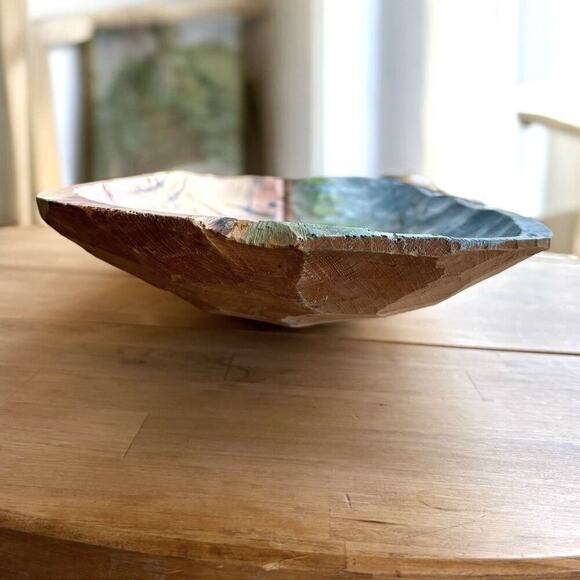 MEXICAN FOLK ART Hand Carved Decorative WOOD DISPLAY BOWL SIGNED PAINTED PUEBLO - Picture 3 of 16